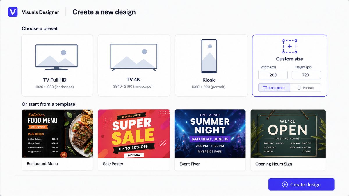 Start screen: choose Full HD, 4K, portrait kiosk or a template